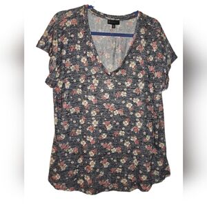 Bobeau Floral V-Neck Short Sleeve Top - Black/Pink, EUC